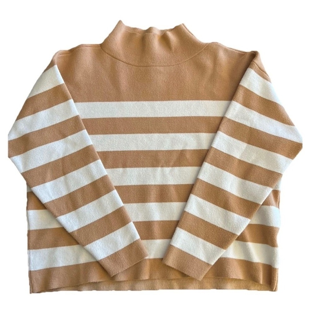 Maeve Anthropologie The CARYS Tan White Striped Mock Neck Sweater Small‎